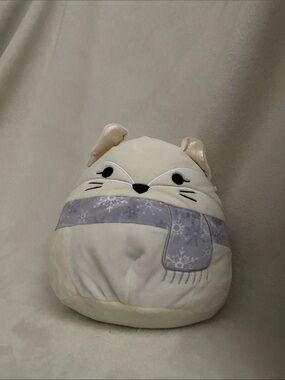 Plush Cat Toy in Cream with Light Purple Scarf